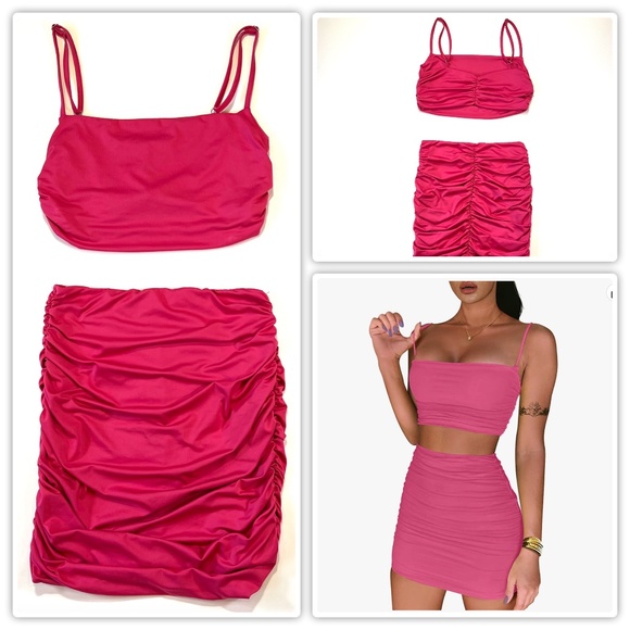Hot Pink 2 Piece Body Con Cami Crop Top and Ruched Mini Skirt Dress Medium - EUC - Picture 1 of 7